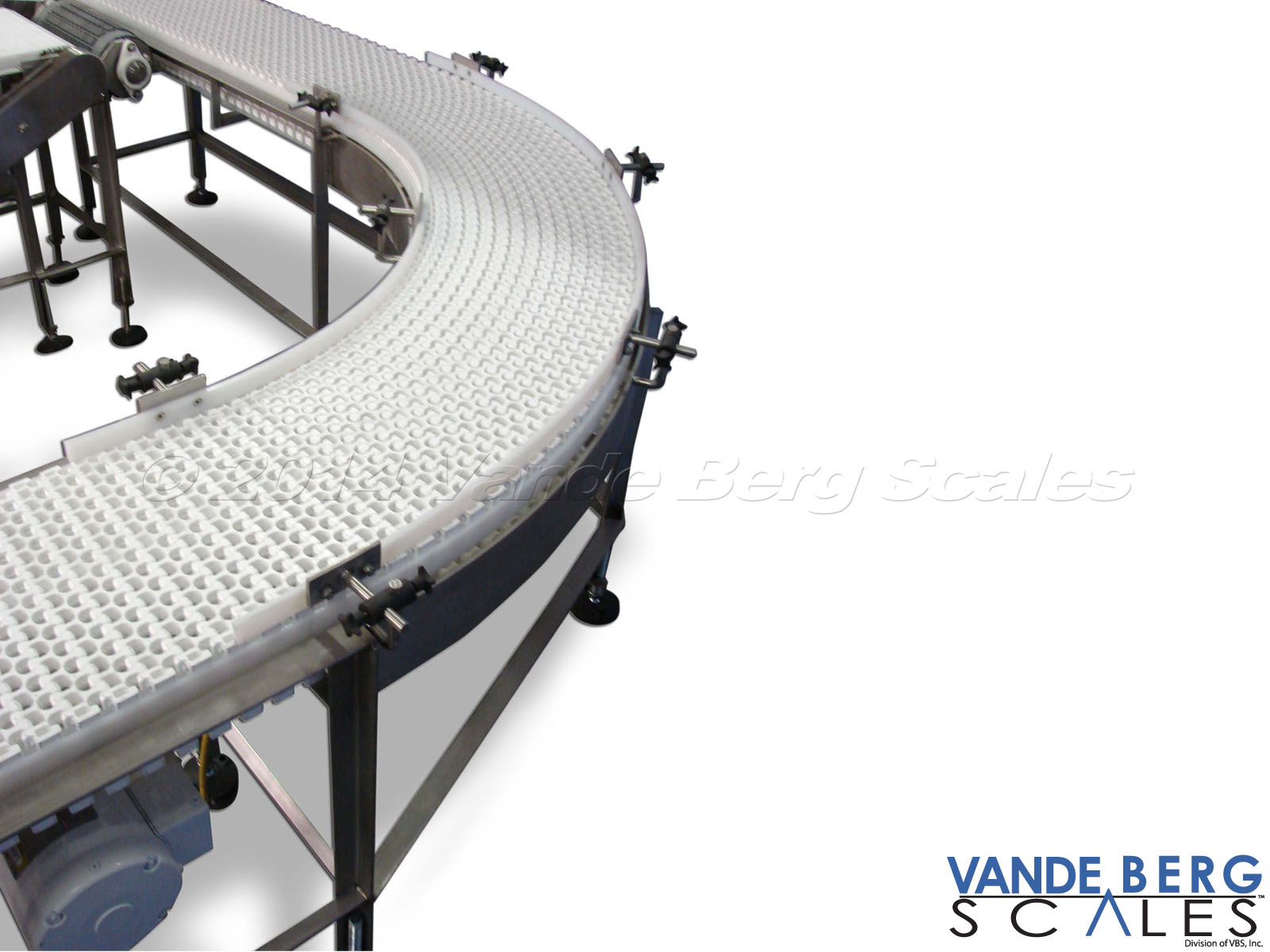 Curved conveyor showing foot bracing and side rails.