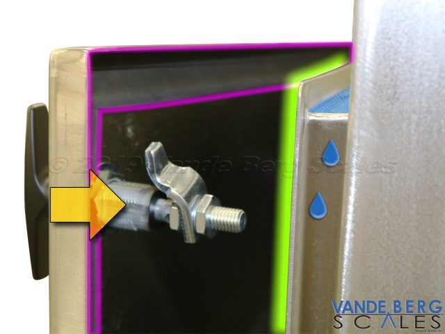 Rain gutter (green) protects the door seal (purple) from direct water spray.