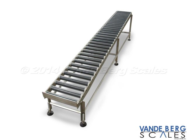 Gravity conveyor permits boxes, or cases, to easily slide to the end with no external power required.