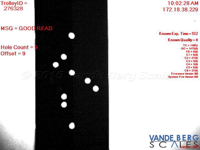 Close-up of hole pattern in trolley strap. Software indicates that an acceptable hole pattern was detected and therefore stored in the database