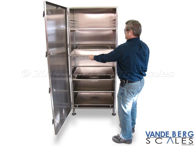 Tall stainless steel cabinet with slide-out shelves for easy component and cable access.