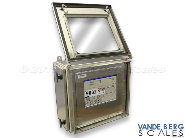 Stainless Steel touchscreen monitor enclosure allows nearly 270-deg swing door having a view window.