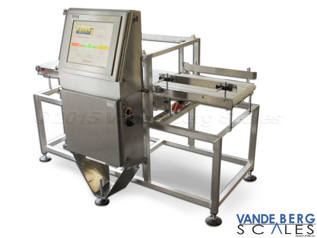 Conveyor Scale with 17" touchscreen, infeed conveyor, outfeed conveyor, guide rails and draft shield