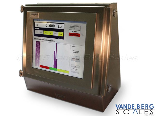 Industrial HMI touchscreen for checkweigher showing scale indicator and historical weighment ranges.