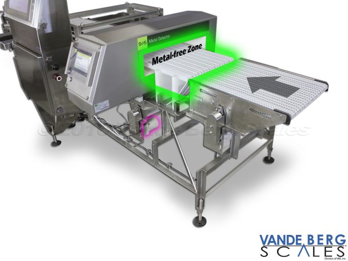 Conveyor motor (purple) is mounted away from the metal detector aperture ensuring EM fields do not interfere. Also, a metal-free conveyor section (green) ensures metal is not near the aperture.