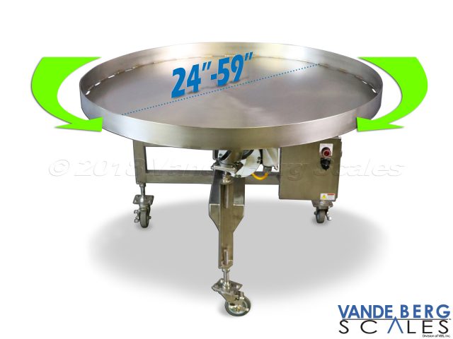 48" washdown SS rotary accumulation turntable. Variable control allows speed adjustment based on personnel preference.