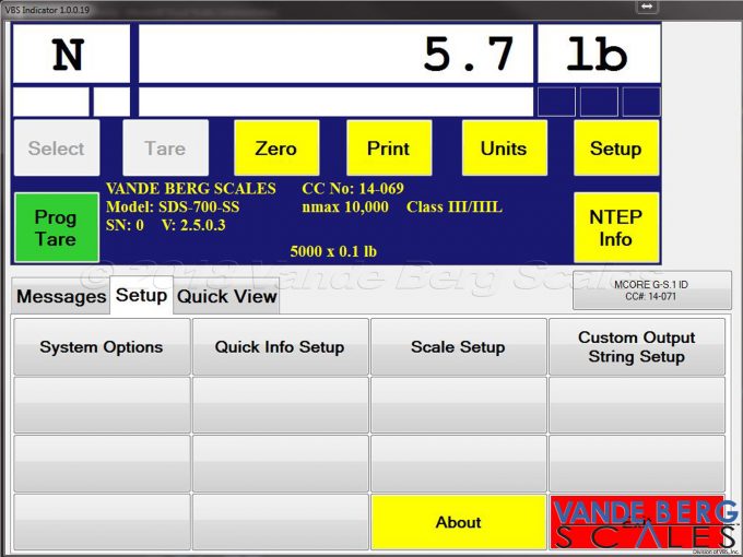 SDS-1000 weight indicator display with quick access options.