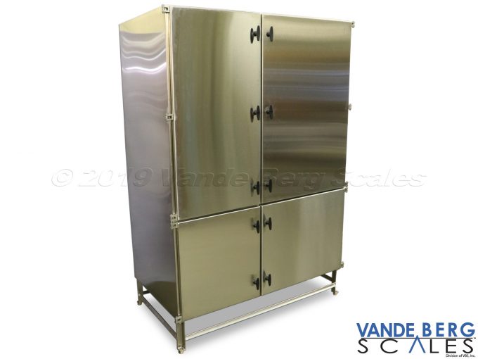 Large cabinet can hold many production floor items and keep them dry during washdown. Saves setup time since all items are on the production floor.