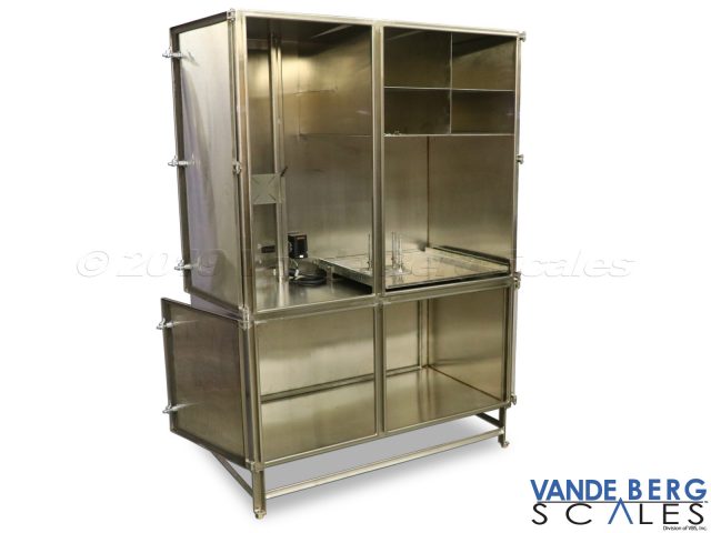 Large cabinet with many internal compartments for production floor items which must be protected from washdown.