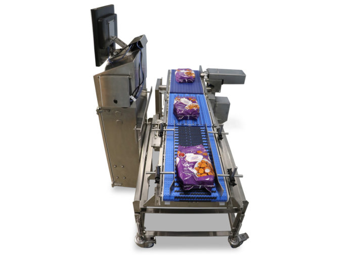 End view of a non-washdown Ecoline Checkweigher with desktop monitor touchscreen & divert.